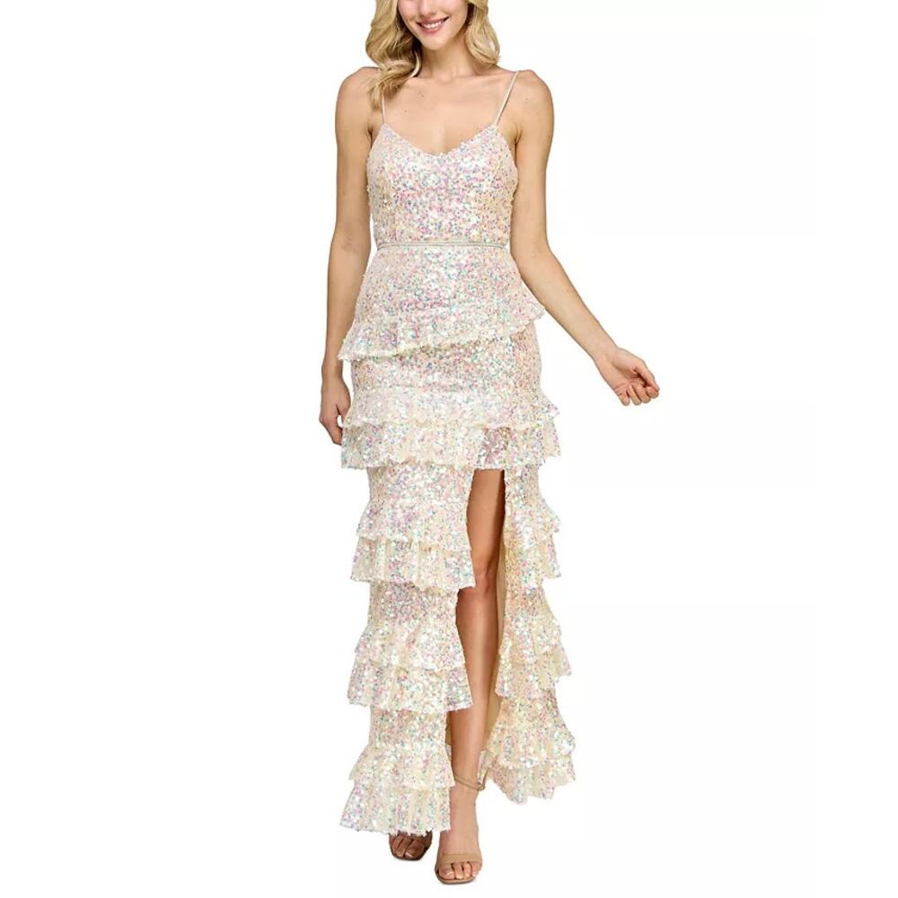 Say Yes Prom Dress Women Size 1 White Iridescent Sequin Tiered‎ Ruffle Maxi Gown